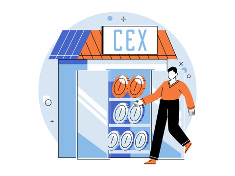 Man at a centralized exchange storefront with crypto coins vector illustration. Crypto trading, digital finance, blockchain investment, fintech, banking, asset management. Person at a CEX shop