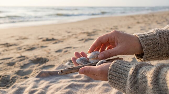 Middle aged woman hands holding seashells and driftwood on sandy beach at sunset, representing mindfulness, nature connection, coastal lifestyle and relaxation