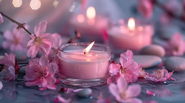 Pink candle, cherry blossoms, and smooth stones float on water with soft bokeh lights