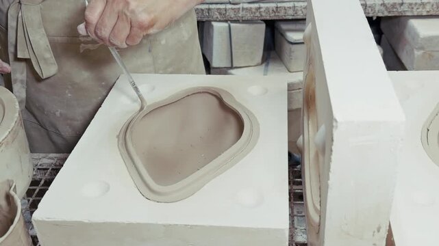 Ceramic Artisan Working With Plaster Molds In Pottery Workshop