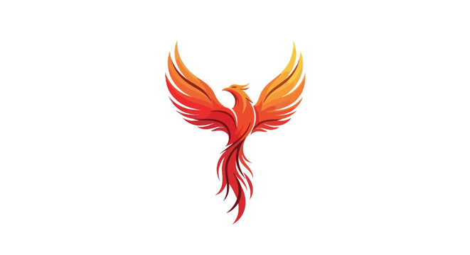 Stylized phoenix bird vector illustration rising with fiery wings on white background
