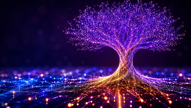 AI generated luminous neural network tree interconnected nodes glowing pathways symbolizing artificial intelligence data flow digital ecosystems advanced connectivity