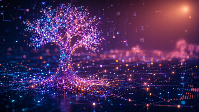 AI generated luminous digital network tree interconnected data nodes glowing pathways symbolizing artificial intelligence smart connectivity advanced analytics future technology