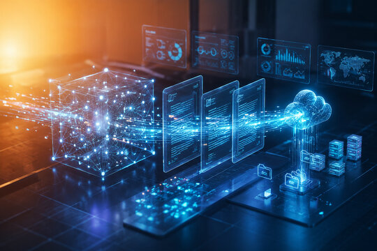AI generated cloud data processing architecture featuring intelligent information flow digital document management secure storage analytics dashboards enterprise automation