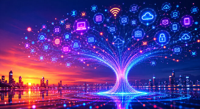 AI generated glowing digital network tree cloud security communication icons symbolizing connected technology smart infrastructure data exchange innovation