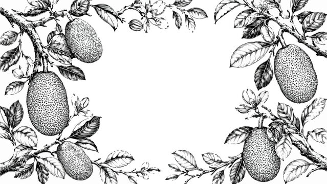 Jackfruit Tree Branch Botanical Border Vector Illustration in Vintage Engraving Style