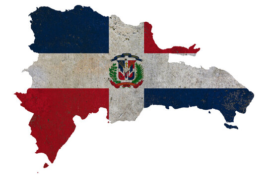 Dominican Republic map with national flag texture and grunge wall effect