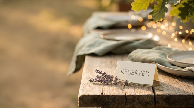 Rustic outdoor dining table setting with reserved sign and lavender sprigs for wedding reception or garden party event planning concept