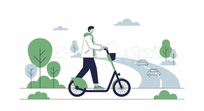 Man riding electric scooter on city street with trees and cars