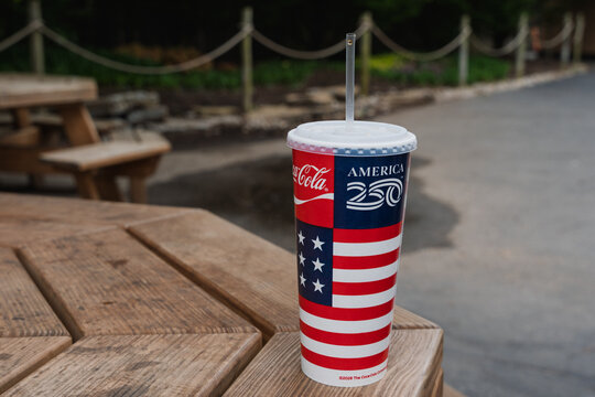 An America 250 themed Coca-Cola cup resting on a wooden picnic table in an outdoor public area, Williamstown, Kentucky. May 2026 