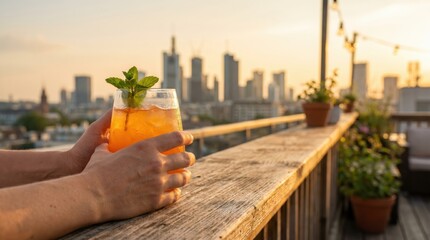 Fototapeta premium Person holding orange cocktail glass on rooftop terrace at sunset with city skyline background, urban lifestyle concept for summer happy hour and evening relaxation