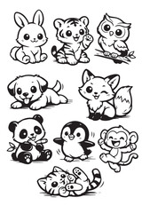Fototapeta premium Cute vector art featuring baby animals including puppy, cat, monkey, panda, owl, penguin, and fox, designed in playful style for kids, pets, and fun character themes.