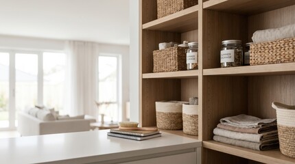 Fototapeta premium Modern Home Pantry Organization with Woven Baskets and Glass Jars on Wooden Shelves for Minimalist Kitchen Storage and Decluttering Concept
