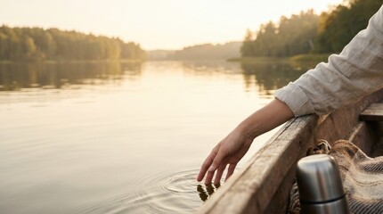 Fototapeta premium Young woman hand touching calm lake water from wooden boat at sunset, peaceful nature connection, mindfulness and travel concept, serene outdoor lifestyle photography