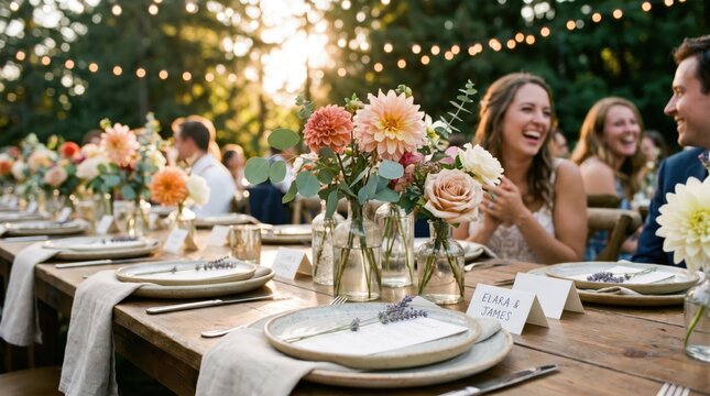 Outdoor wedding reception table setting with floral centerpieces and guests laughing at sunset, rustic elegant dining decor for romantic summer celebration event