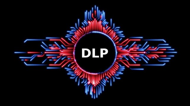 Data loss prevention security concept represented by glowing red and blue lines.