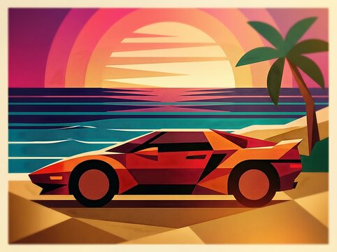 Retro sports car on tropical beach at sunset chevy vector