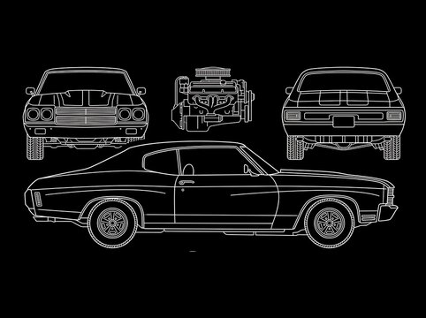 Classic muscle car chevy vector technical line art drawing