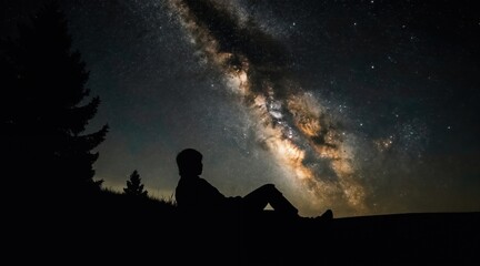 Obraz premium Silhouette person lies on grass hill observing colorful milky way galaxy. Person looks at night sky with countless stars above dark trees and forest.