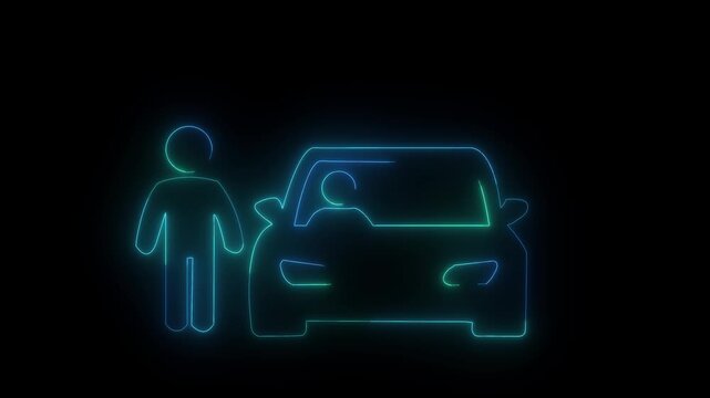 Glowing neon turquoise and orchid color man car icon isolated on black background.4k video