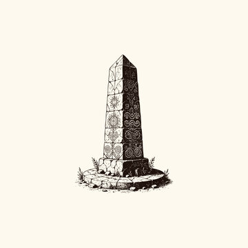 Ancient stone obelisk monument with intricate carvings and symbols, detailed hand-drawn illustration style, on a plain background.