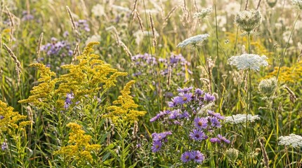 Obraz premium Late Summer Wildflower Meadow with Goldenrod and Purple Asters, Vibrant Pollinator Habitat Landscape for Ecological Conservation and Nature Backgrounds