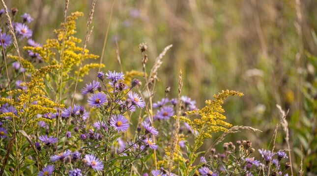 Wild purple asters and yellow goldenrod flowers blooming in a sunny autumn meadow, natural floral background for seasonal nature themes and botanical design projects