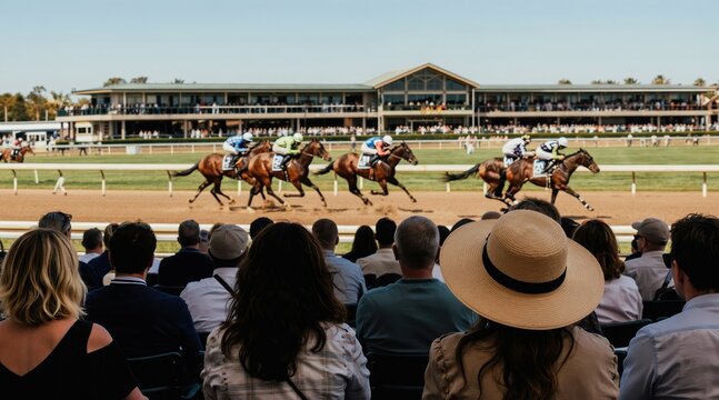 Spectators watch fast horses race on a dirt track on a sunny day. Jockeys in colorful silks ride toward the finish line. People cheer from stadium seats at outdoor entertainment event.