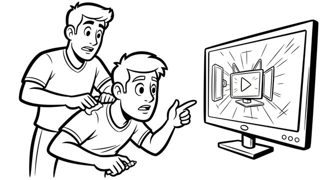 Frustrated boys dealing with broken computer monitor.