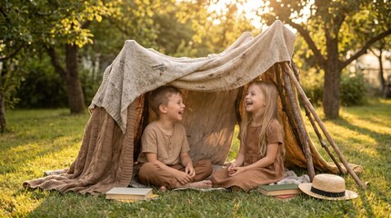 Obraz na płótnie Canvas Happy Caucasian children boy and girl playing in a handmade blanket fort in a sunny garden, childhood imagination and outdoor summer adventure concept, cozy backyard playhouse