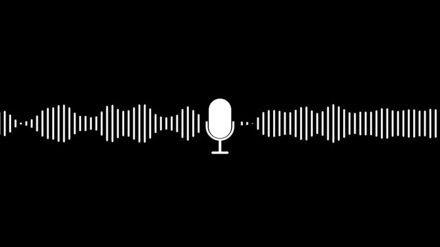Microphone icon with sound wave animation in black background. Podcast recording Audio Icon with Microphone and Wave Form of Sound or Music. Sound wave