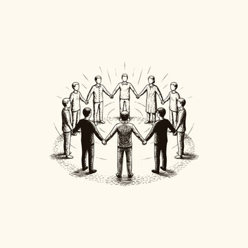 Vintage engraving style illustration of a diverse group of people standing in a circle and holding hands, symbolizing unity, teamwork, community, and global connection.