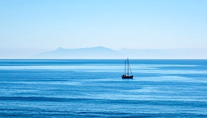 Obraz premium Sailboat Floating on Calm Blue Ocean under Clear Blue Sky with Distant Mountains