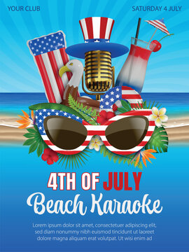 4th of july karaoke beah poster with gold mic and inflatables with usa flag colors. american independence karaoke party flyer with sunglasses, inflatables and cocktail