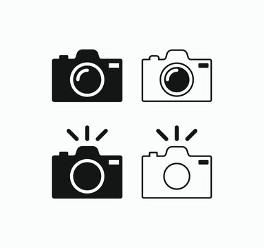 Minimalist camera icons in two styles. Black and white flat design. Simple shapes convey photography tools. Top row shows basic camera forms. Bottom row adds flash indicators. Use for digital design