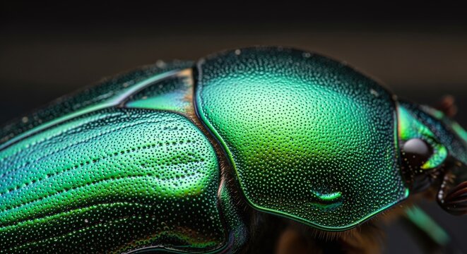 Detailed macro view of a shimmering iridescent green beetle's metallic exoskeleton