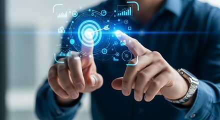 Fototapeta premium Business leader pointing at holographic target for digital marketing strategy.