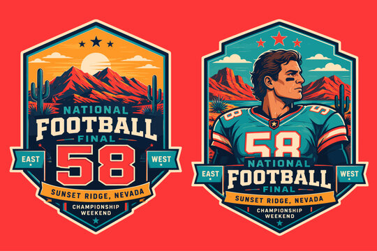 Two vintage-style football championship badges featuring desert landscapes, mountains, cacti, and a player in a jersey with number 58, set in Sunset Ridge, Nevada.