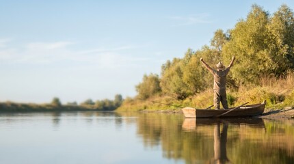 Obraz premium Mature man celebrating success standing in wooden rowboat on calm river, joyful fisherman with arms raised, concept of freedom, achievement, retirement lifestyle and outdoor adventure