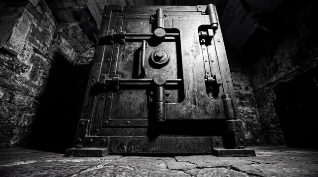 Dramatic Low Angle Shot Of Massive Impregnable Safe Box With Hard Lighting Security Concept Graphic