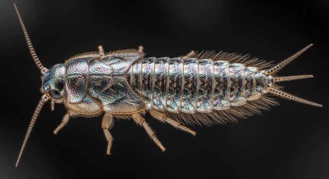 Detailed macro shot of a metallic silverfish insect on a dark background.