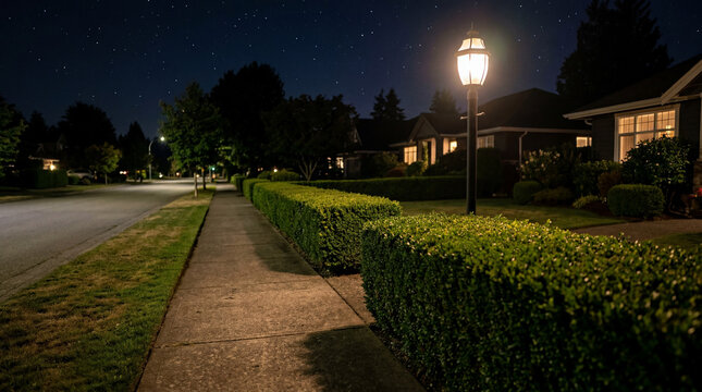 Night perspective walking past neat row of trimmed green hedges under soft suburban street lighting