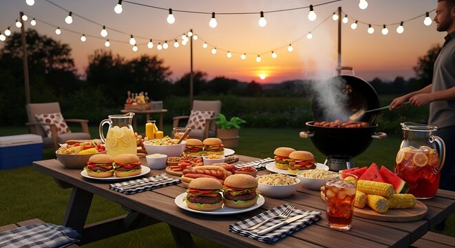 Outdoor garden party dinner with burgers and barbecue grill at sunset barbecue gathering lighting celebration beverages lemonade colorful lifestyle backyard