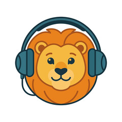 Obraz premium Cute Lion Head Wearing Headphones, Cartoon Style