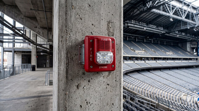 Close up of a red fire alarm strobe light mounted on a grey concrete beam