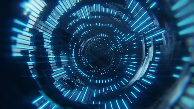 Abstract Blue Cyber Tunnel Animation with Glowing Tech Blocks, Futuristic High-Speed Data Transmission and Cloud Computing Server Background.	
