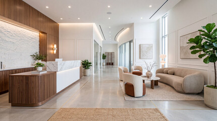 Fototapeta premium Welcoming entrance view looking into a spotless modern facility emphasizing cleanliness and professional interior design