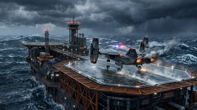 Sci fi advanced aircraft forced into emergency landing on floating marine ocean deck during storm
