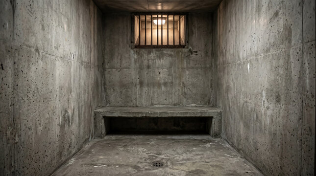 Grim sparse interior of prison assessment cell with cold concrete bench and single high window