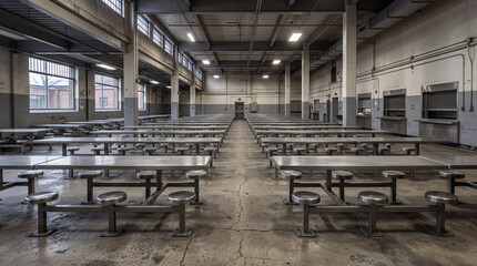 Obraz premium Large expansive empty prison mess hall dining room featuring heavy bolted down stainless steel tables